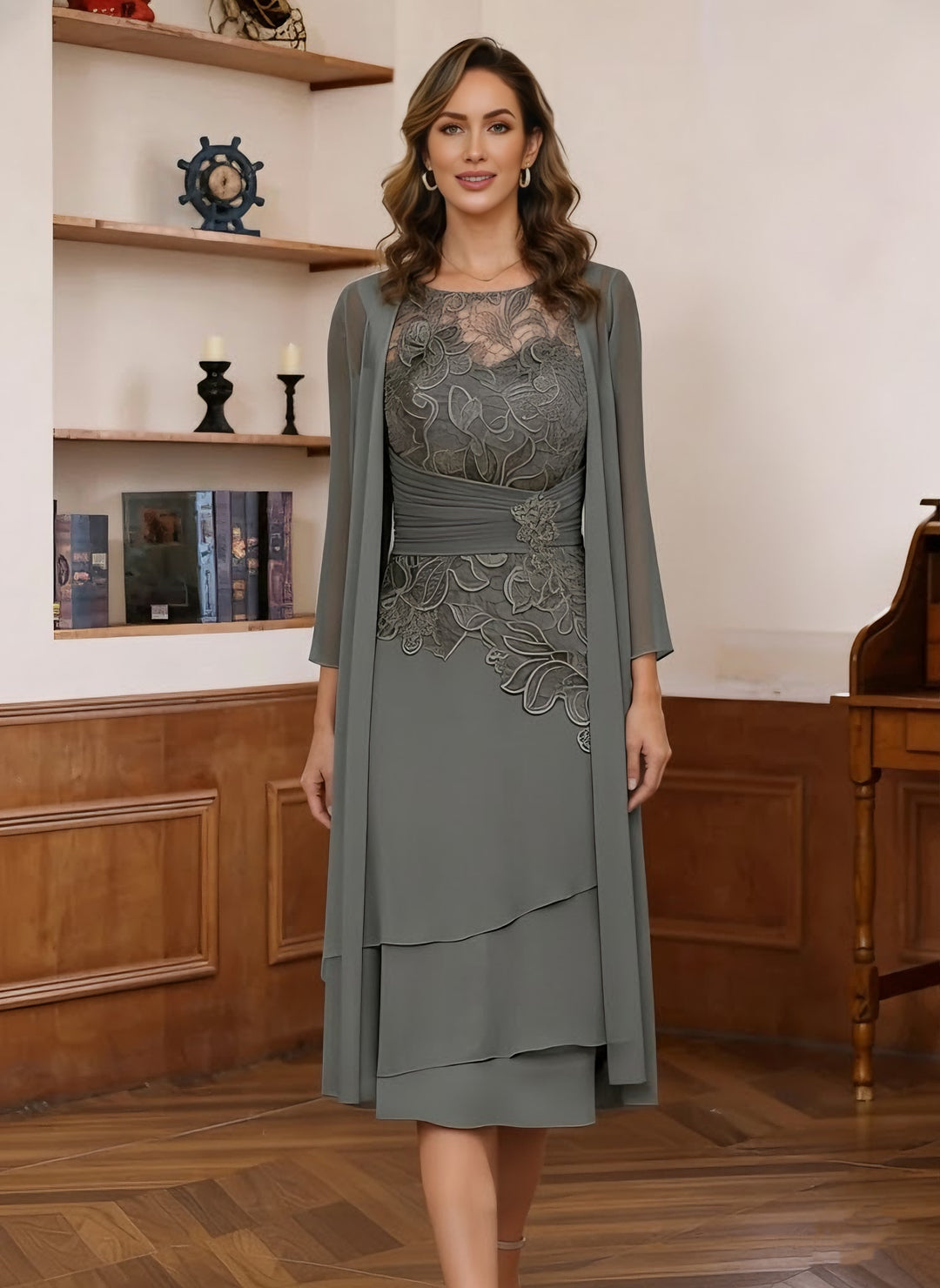 Sheath/Column Scoop Chiffon Mother of the Bride Dresses Tea-Length with Jacket Long Sleeves Lace Ruched