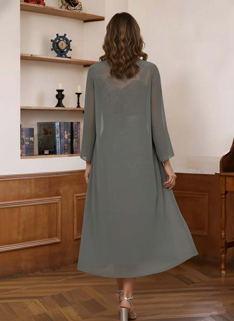 Sheath/Column Scoop Chiffon Mother of the Bride Dresses Tea-Length with Jacket Long Sleeves Lace Ruched