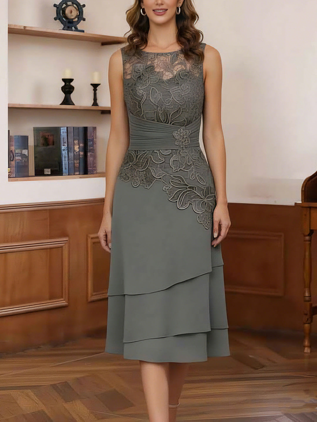 Sheath/Column Scoop Chiffon Mother of the Bride Dresses Tea-Length with Jacket Long Sleeves Lace Ruched