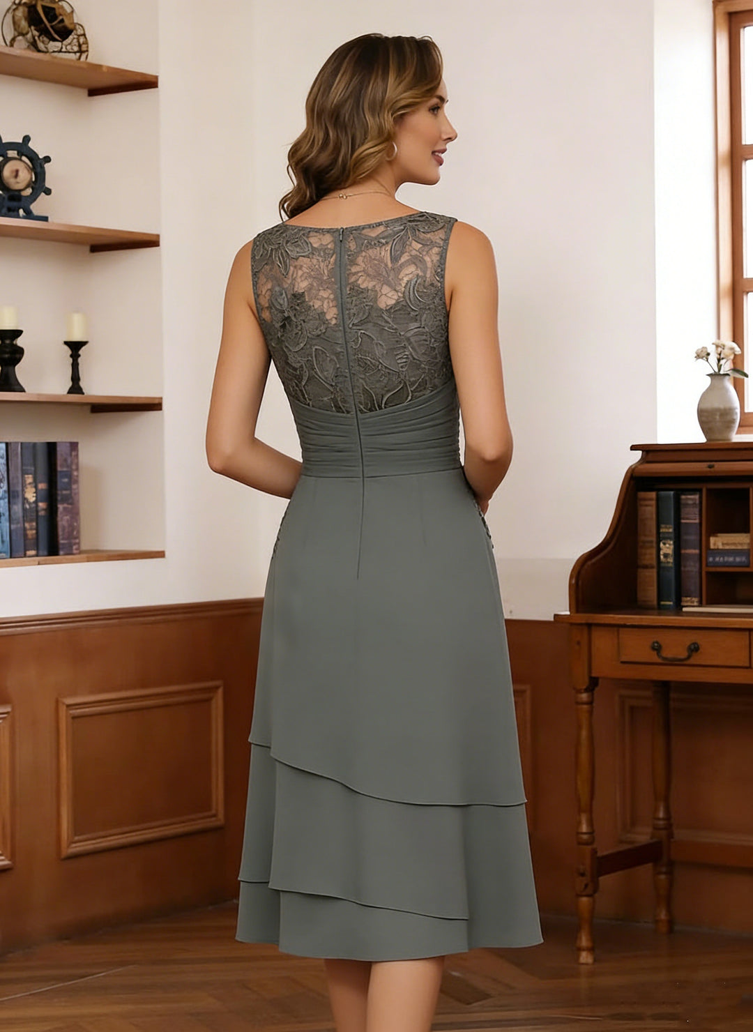 Sheath/Column Scoop Chiffon Mother of the Bride Dresses Tea-Length with Jacket Long Sleeves Lace Ruched