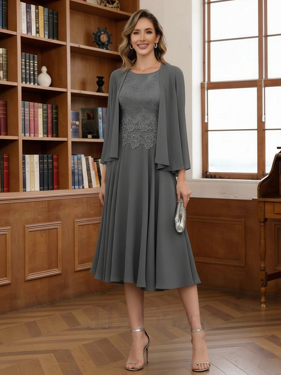 A-Line/Princess Scoop Chiffon Mother of the Bride Dresses with Jacket Tea-Length Long Sleeves Lace