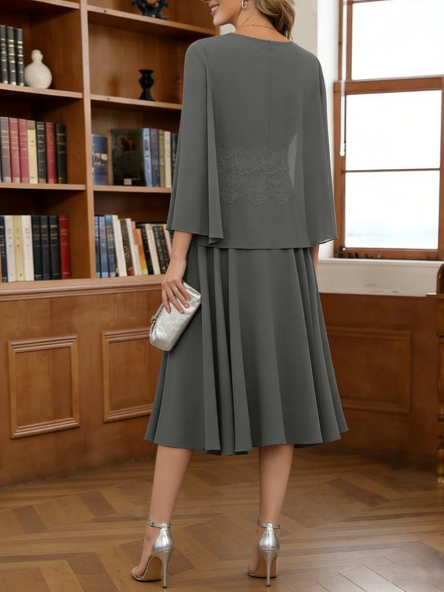 A-Line/Princess Scoop Chiffon Mother of the Bride Dresses with Jacket Tea-Length Long Sleeves Lace