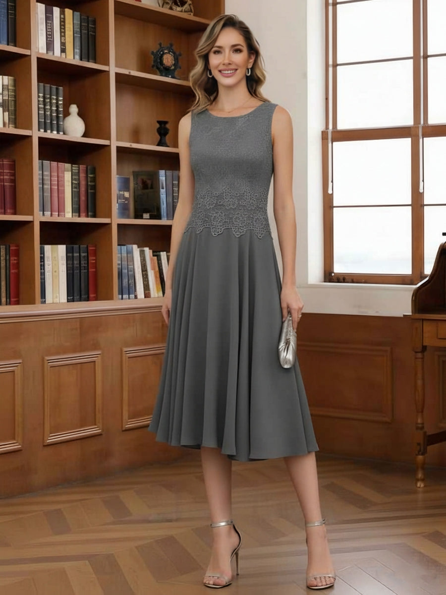 A-Line/Princess Scoop Chiffon Mother of the Bride Dresses with Jacket Tea-Length Long Sleeves Lace