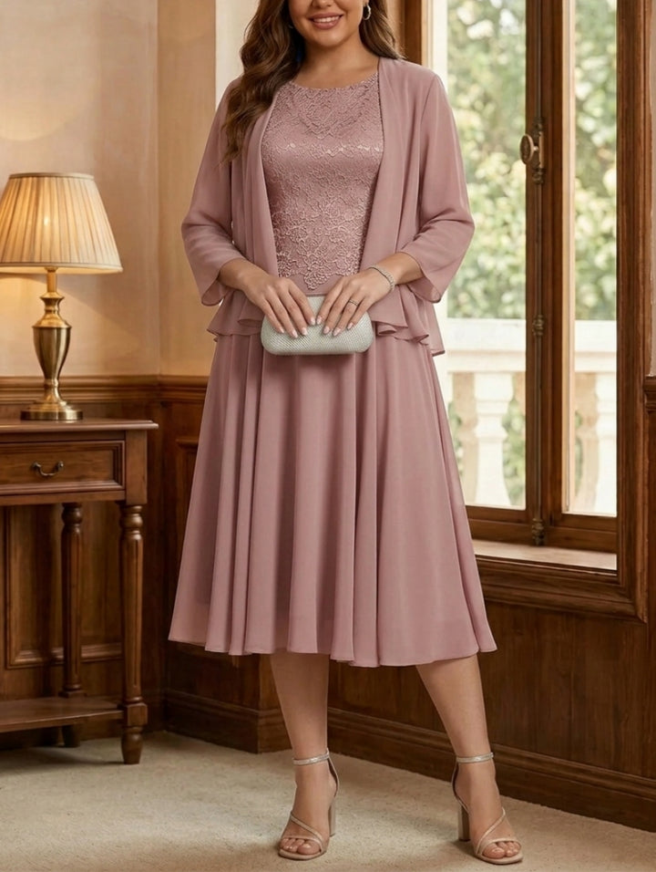 A-Line/Princess Scoop Chiffon Plus Size Mother of the Bride Dresses with Jacket Tea-Length Long Sleeves Lace