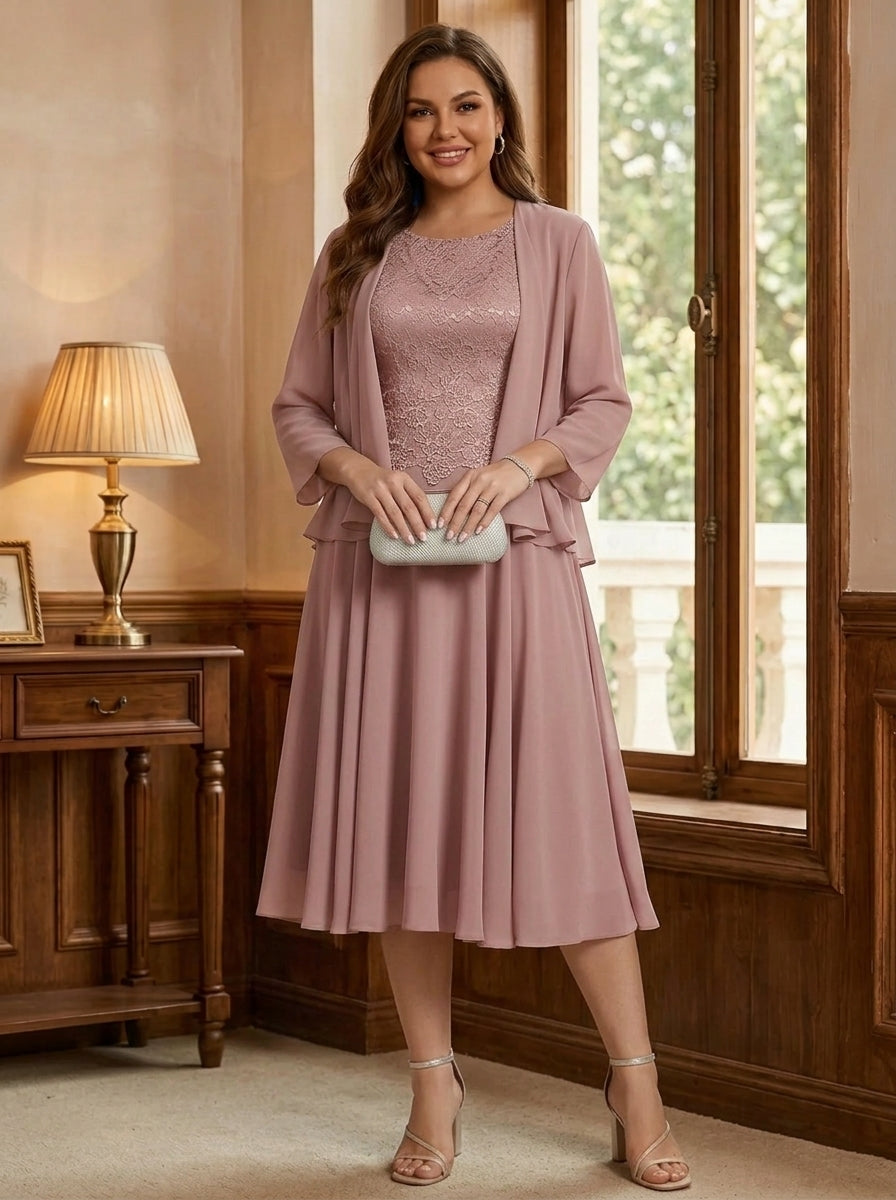 A-Line/Princess Scoop Chiffon Plus Size Mother of the Bride Dresses with Jacket Tea-Length Long Sleeves Lace