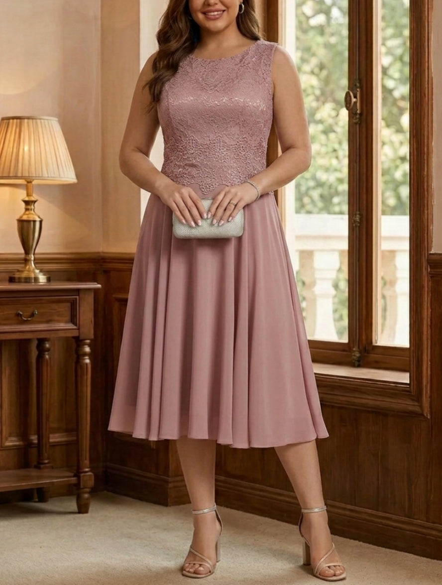 A-Line/Princess Scoop Chiffon Plus Size Mother of the Bride Dresses with Jacket Tea-Length Long Sleeves Lace