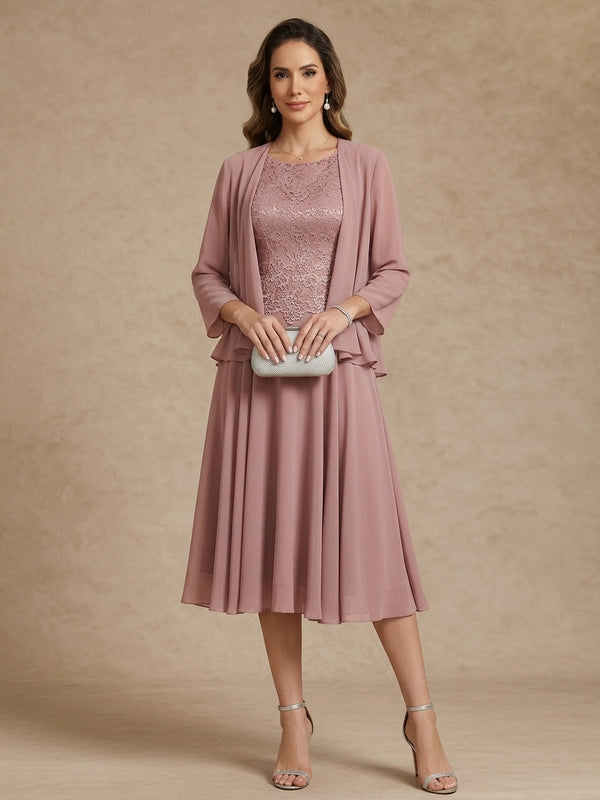 A-Line/Princess Scoop Chiffon Mother of the Bride Dresses with Jacket Tea-Length Long Sleeves Lace