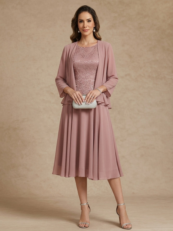 A-Line/Princess Scoop Chiffon Mother of the Bride Dresses with Jacket Tea-Length Long Sleeves Lace