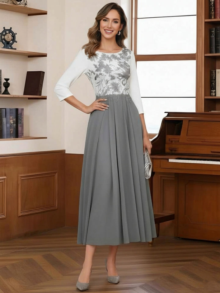 A-Line/Princess Scoop Chiffon Mother of the Bride Dresses Tea-Length 3/4 Sleeves Lace Floral