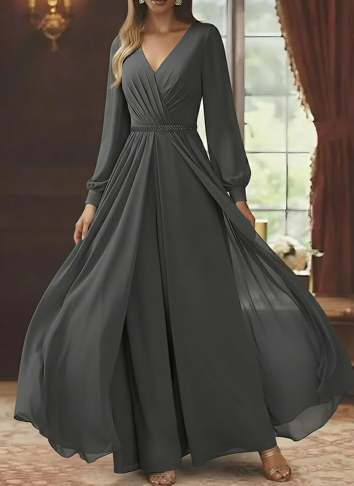 A-Line/Princess V-Neck Chiffon Mother of the Bride Dresses Ankle-Length Long Sleeves Ruched Belt