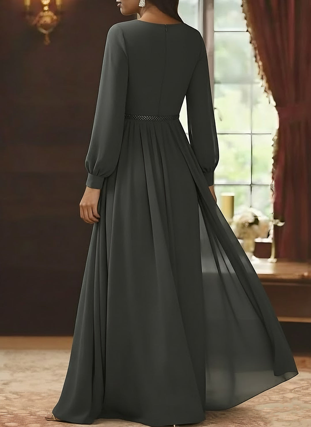 A-Line/Princess V-Neck Chiffon Mother of the Bride Dresses Ankle-Length Long Sleeves Ruched Belt