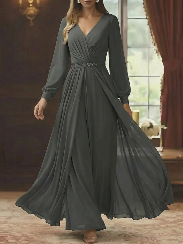 A-Line/Princess V-Neck Chiffon Mother of the Bride Jumpsuit with Overskirt Ankle-Length Long Sleeves Ruched Belt