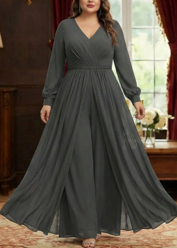 A-Line/Princess V-Neck Chiffon Plus Size Mother of the Bride Jumpsuit with Overskirt Ankle-Length Long Sleeves Ruched Belt