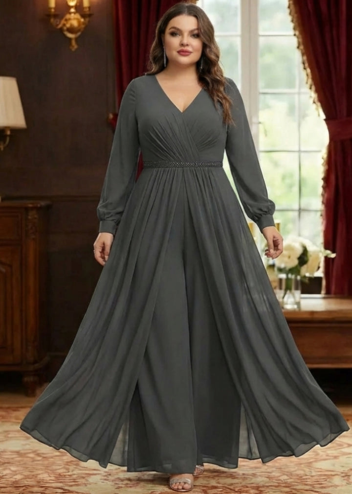 A-Line/Princess V-Neck Chiffon Plus Size Mother of the Bride Jumpsuit with Overskirt Ankle-Length Long Sleeves Ruched Belt