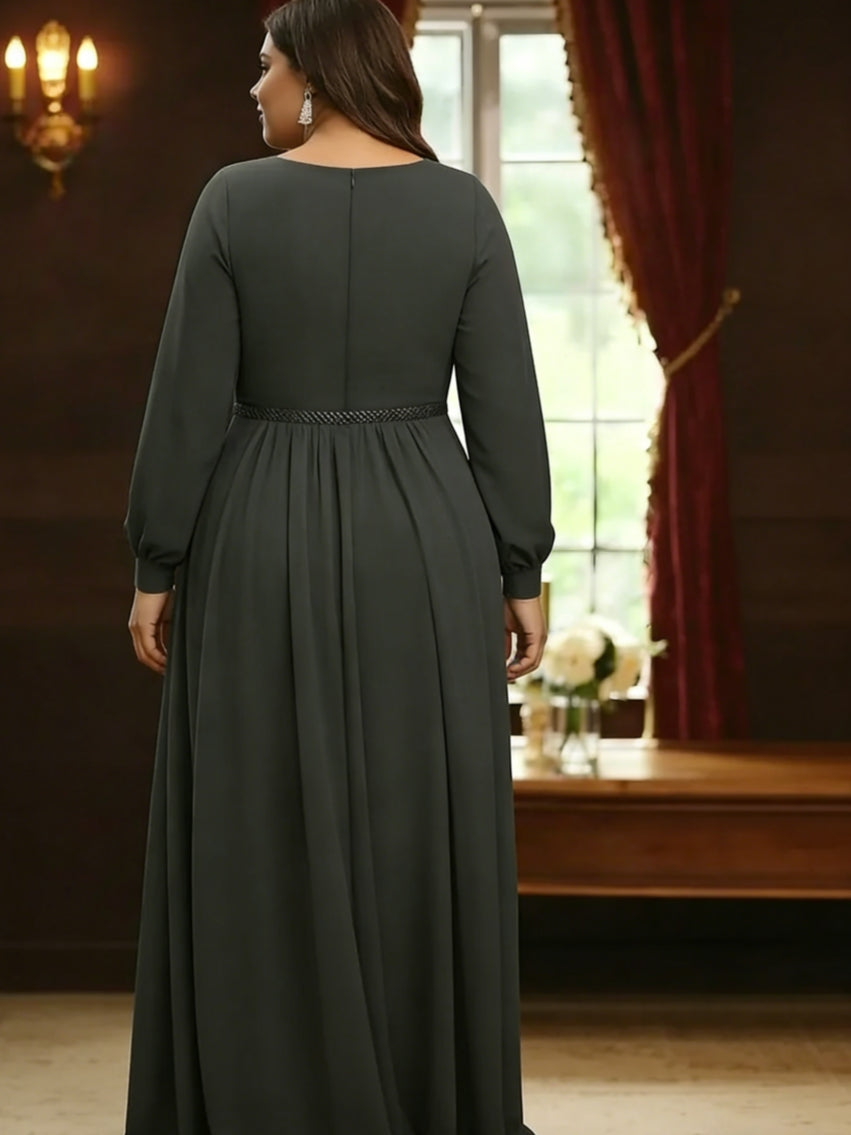 A-Line/Princess V-Neck Chiffon Plus Size Mother of the Bride Jumpsuit with Overskirt Ankle-Length Long Sleeves Ruched Belt