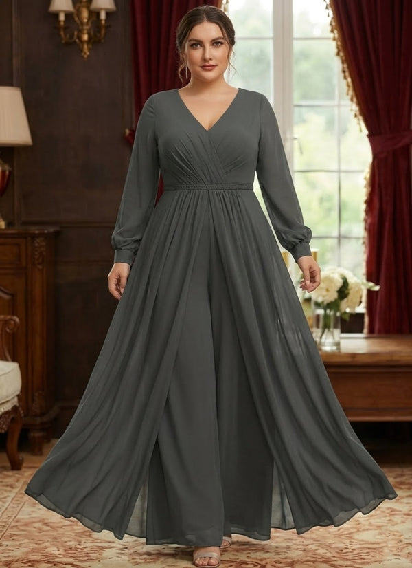 A-Line/Princess V-Neck Chiffon Plus Size Mother of the Bride Jumpsuit with Overskirt Ankle-Length Long Sleeves Ruched Belt