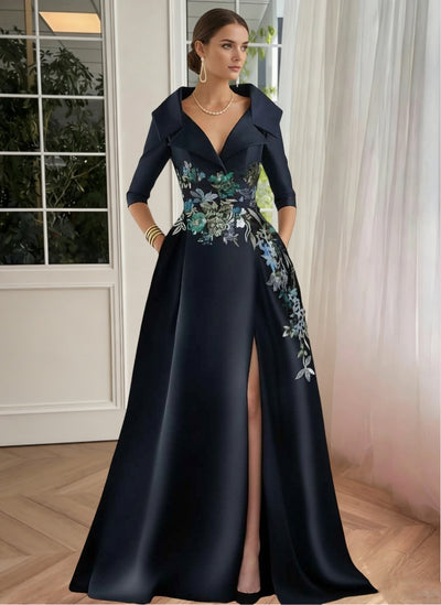 A-Line/Princess V-Neck Satin Evening Dresses Sleeveless Floor-Length Floral Bowknot Party Dress with Split Side main image 1