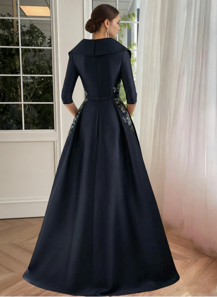 A-Line/Princess Shirt Collar Satin Mother of the Bride Dresses Half Sleeves Floral Sequins Lace Floor-Length with Split Side