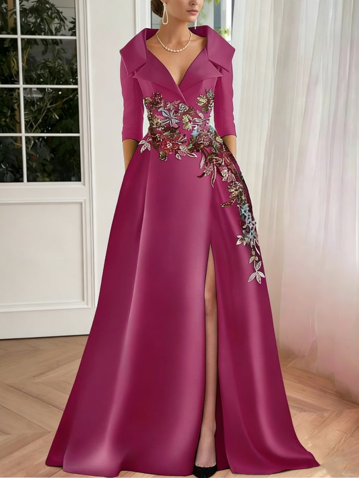 A-Line/Princess Shirt Collar Satin Mother of the Bride Dresses Half Sleeves Floral Sequins Lace Floor-Length with Split Side