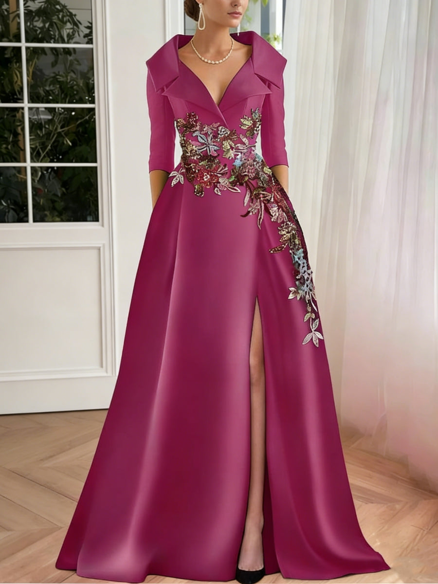 A-Line/Princess Shirt Collar Satin Mother of the Bride Dresses Half Sleeves Floral Sequins Lace Floor-Length with Split Side Fuchsia