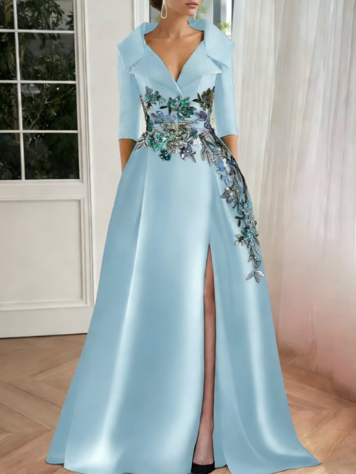 A-Line/Princess Shirt Collar Satin Mother of the Bride Dresses Half Sleeves Floral Sequins Lace Floor-Length with Split Side