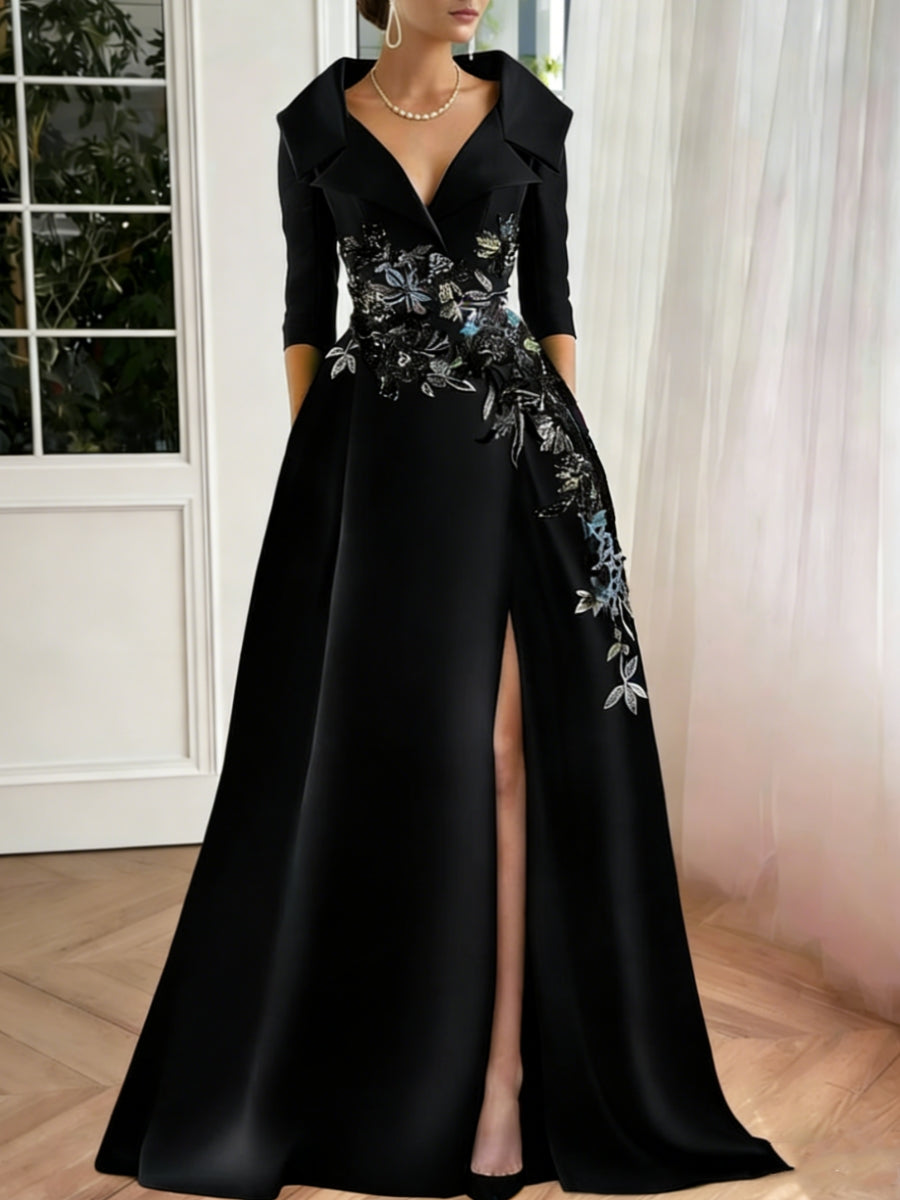 A-Line/Princess Shirt Collar Satin Mother of the Bride Dresses Half Sleeves Floral Sequins Lace Floor-Length with Split Side