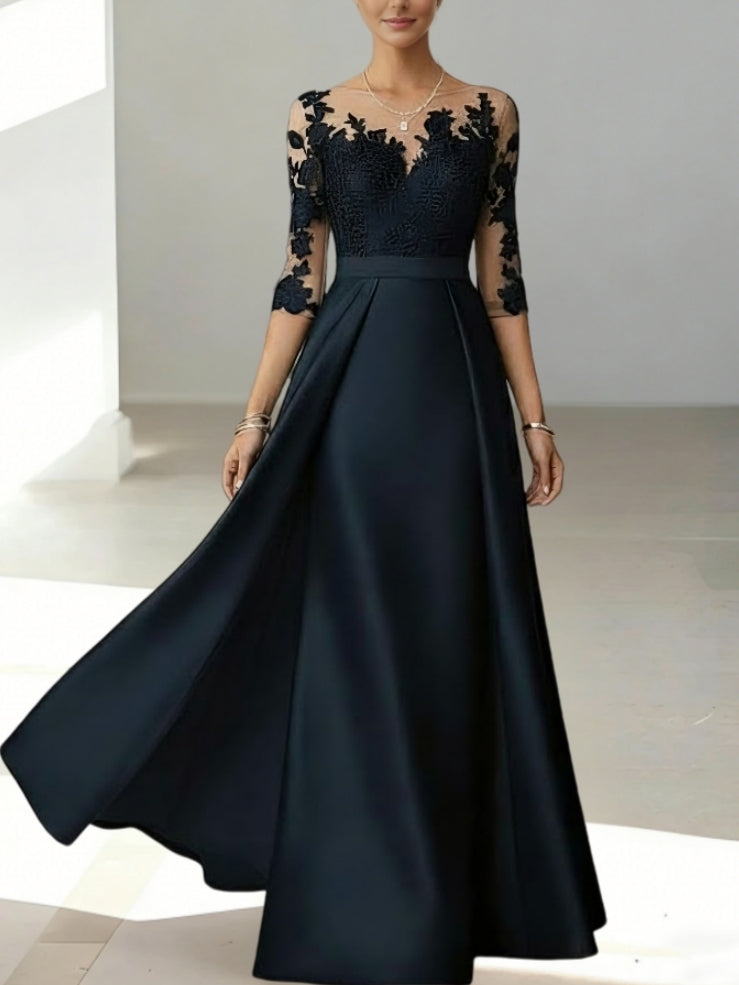 A-Line/Princess Scoop Satin Mother of the Bride Dresses 3/4 Sleeves Lace Floor-Length Floral