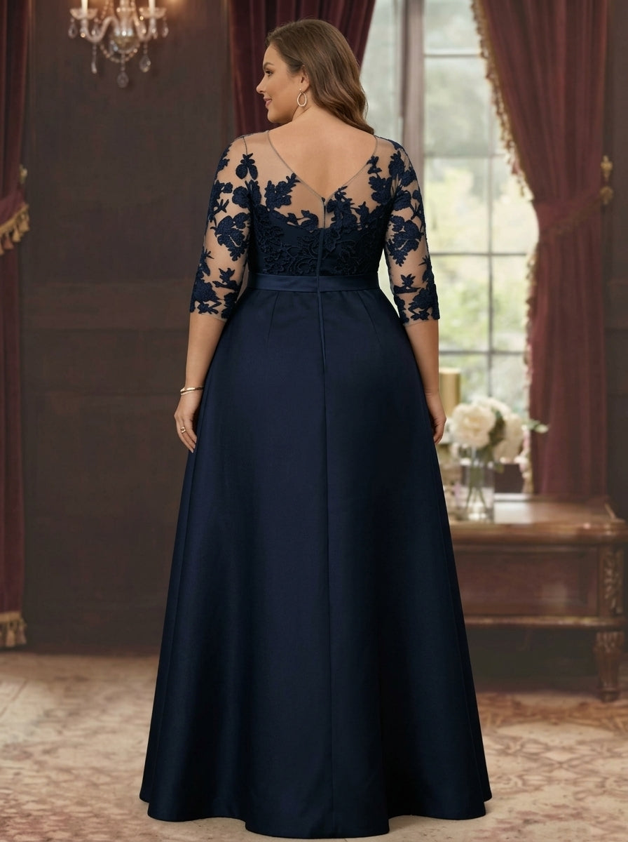 A-Line/Princess Scoop Satin Plus Size Mother of the Bride Dresses 3/4 Sleeves Lace Floor-Length Floral
