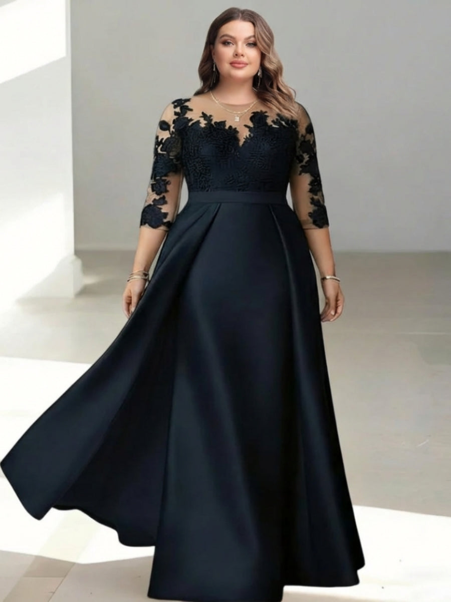 A-Line/Princess Scoop Satin Plus Size Mother of the Bride Dresses 3/4 Sleeves Lace Floor-Length Floral