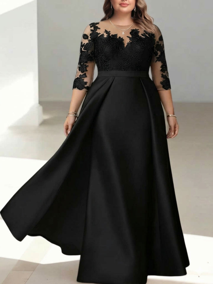 A-Line/Princess Scoop Satin Plus Size Mother of the Bride Dresses 3/4 Sleeves Lace Floor-Length Floral