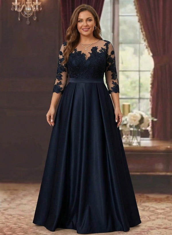 A-Line/Princess Scoop Satin Plus Size Mother of the Bride Dresses 3/4 Sleeves Lace Floor-Length Floral