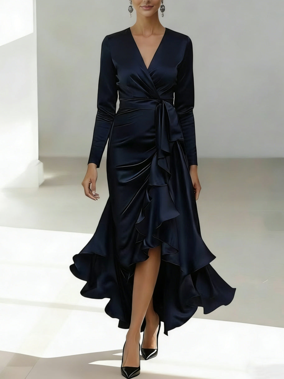 A-Line/Princess V-Neck Acetate Satin Mother of the Bride Dresses Long Sleeves Asymmetrical Ankle-Length with Ruffles