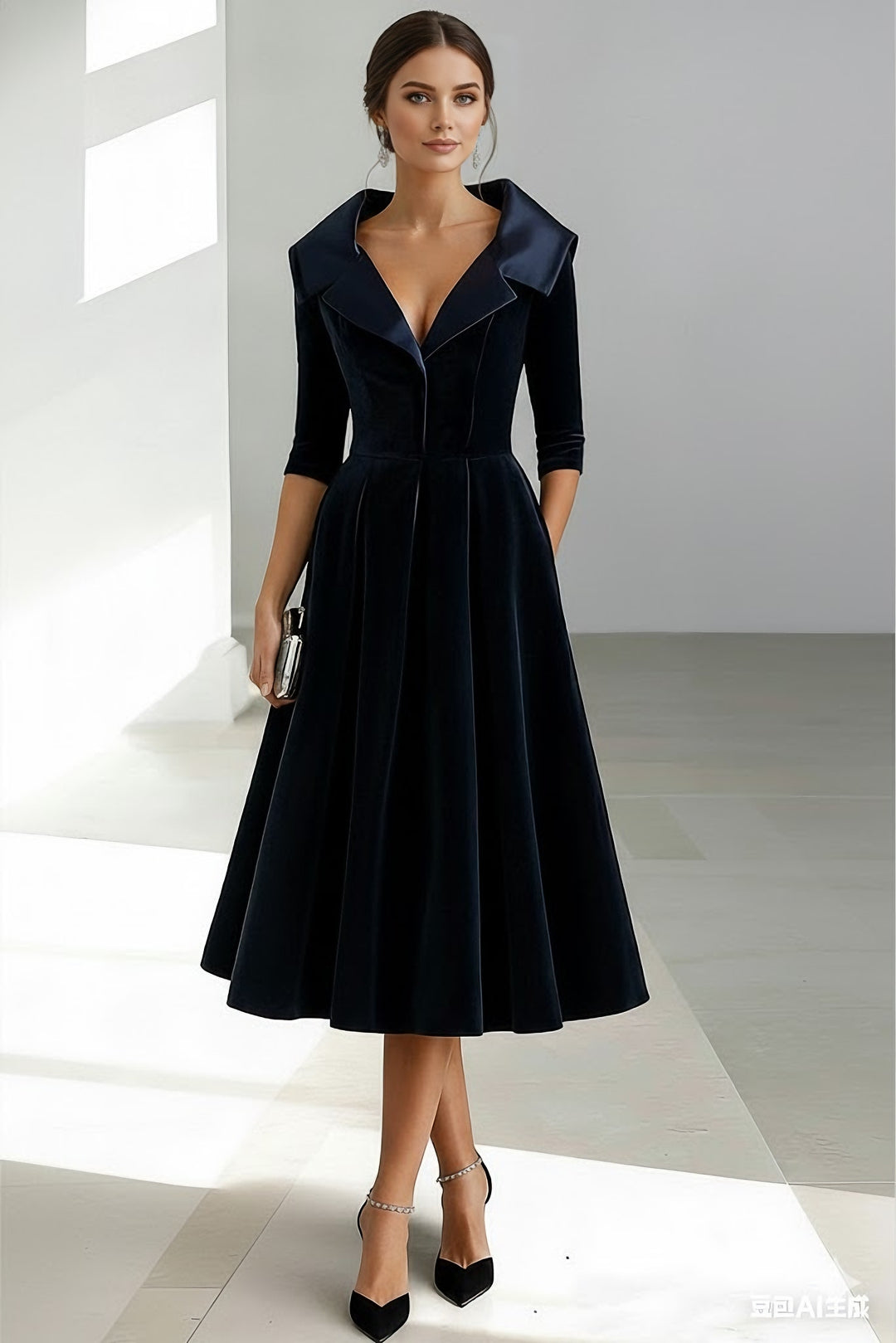 A-Line/Princess Shirt Collar Velvet Mother of the Bride Dresses Half Sleeves Tea-Length Ruffles