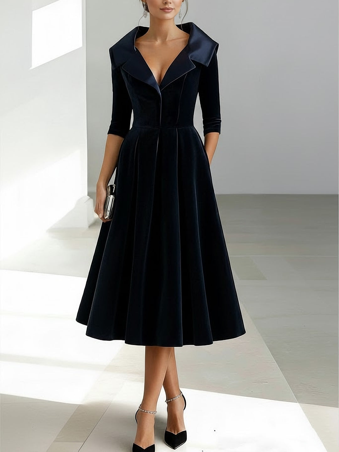 Navy Blue Mother of the Bride Dresses 2026 A-Line Formal Gown V Neck 3/4 Sleeve Midi Length Wedding Guest Party Dress, Dark Navy