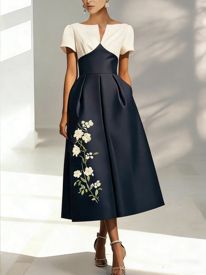 A-Line/Princess V-Neck Satin Mother of the Bride Dresses Short Sleeves Tea-Length Appliques