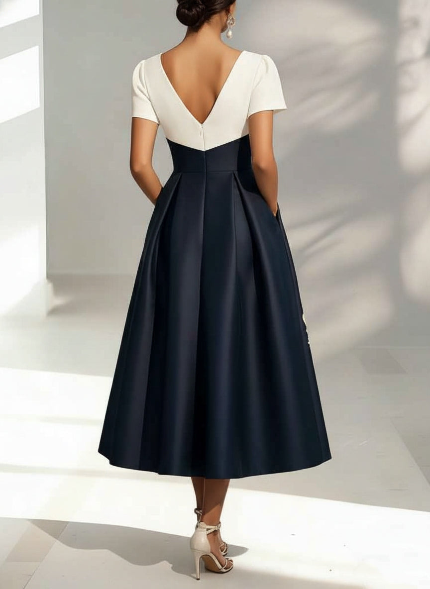 A-Line/Princess V-Neck Satin Mother of the Bride Dresses Short Sleeves Tea-Length Appliques