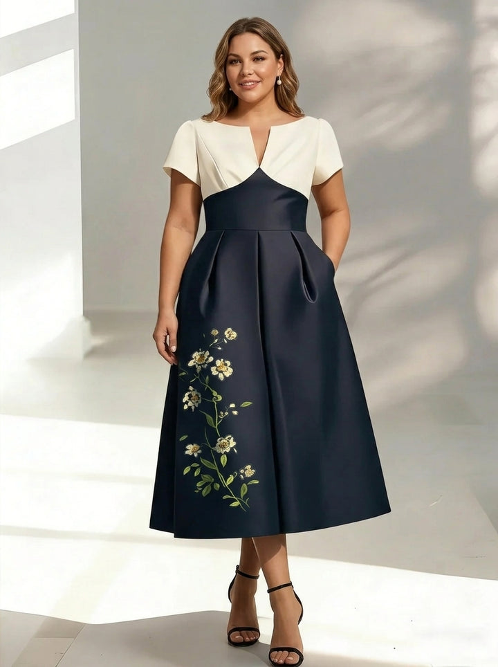 A-Line/Princess V-Neck Satin Plus Size Mother of the Bride Dresses Short Sleeves Floral Tea-Length Appliques