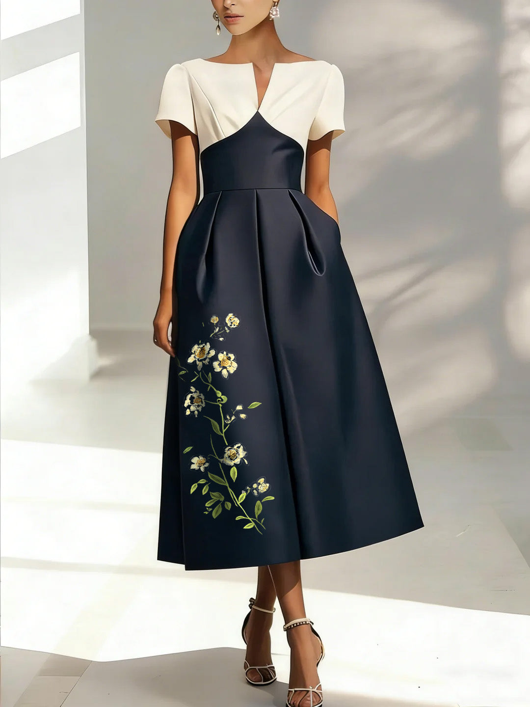 A-Line/Princess V-Neck Satin Mother of the Bride Dresses Short Sleeves Tea-Length Appliques