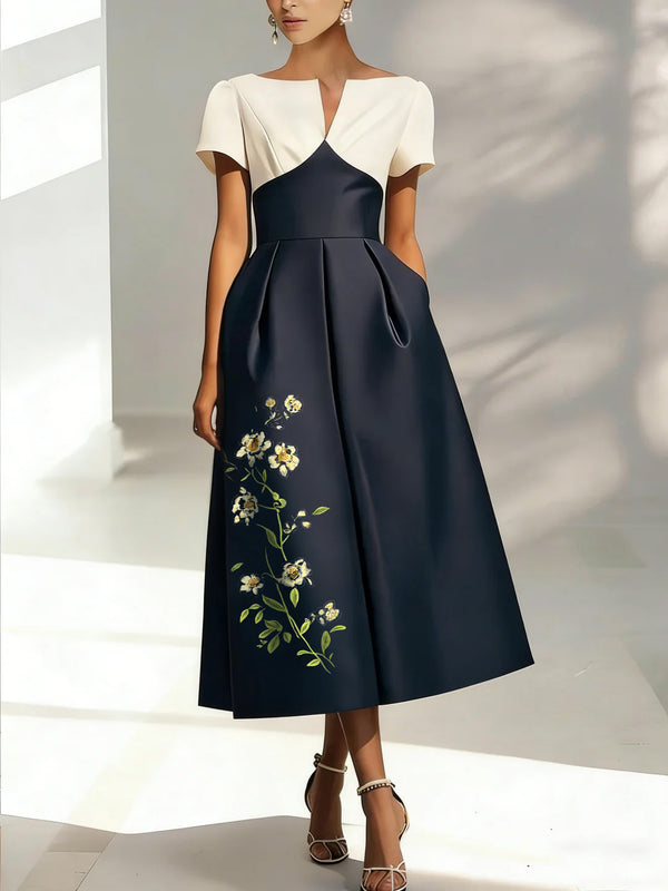 A-Line/Princess V-Neck Satin Mother of the Bride Dresses Short Sleeves Floral Tea-Length Appliques