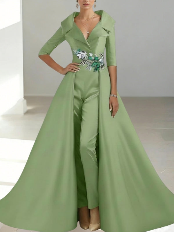 A-Line/Princess Shirt Collar Satin Mother of the Bride Jumpsuit Overskirt Floral Sequins Pocket Half Sleeves Floor-Length