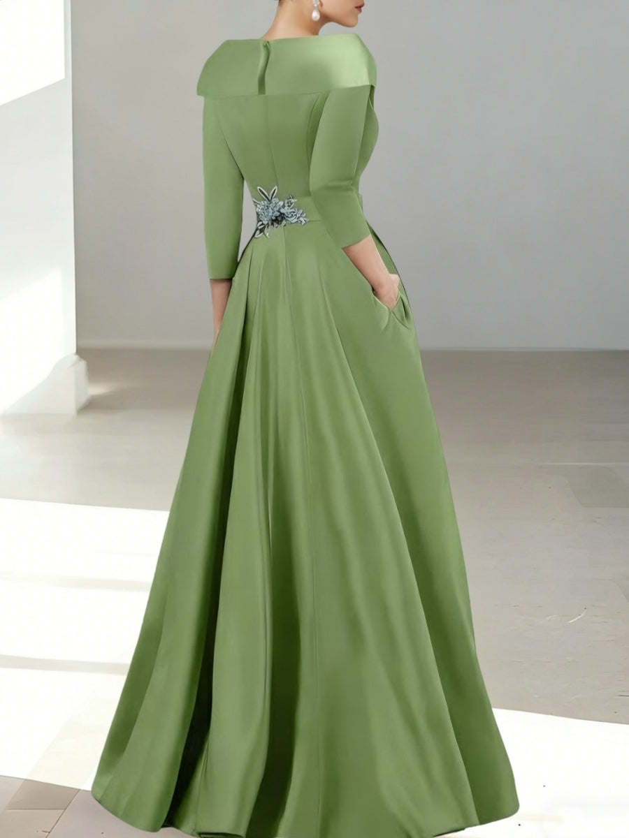 A-Line/Princess Shirt Collar Satin Mother of the Bride Jumpsuit Overskirt Sequins Pocket Half Sleeves Floor-Length