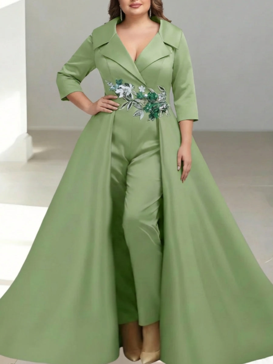 A-Line/Princess Shirt Collar Satin Plus Size Mother of the Bride Jumpsuit Overskirt Sequins Pocket Half Sleeves Floor-Length