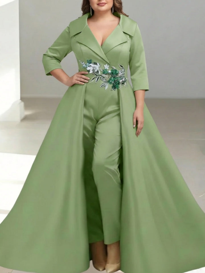 A-Line/Princess Shirt Collar Satin Plus Size Mother of the Bride Jumpsuit Overskirt Sequins Pocket Half Sleeves Floor-Length