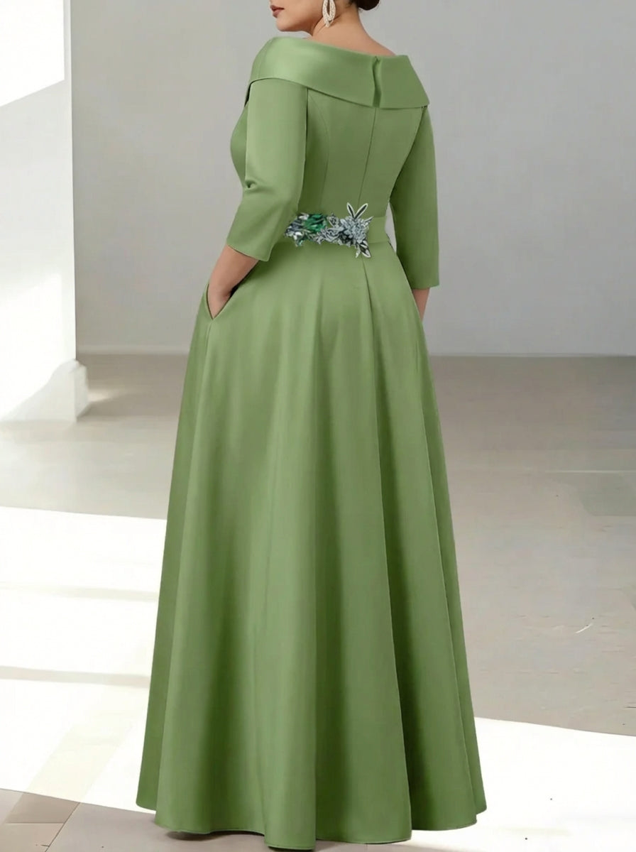 A-Line/Princess Shirt Collar Satin Plus Size Mother of the Bride Jumpsuit Overskirt Sequins Pocket Half Sleeves Floor-Length