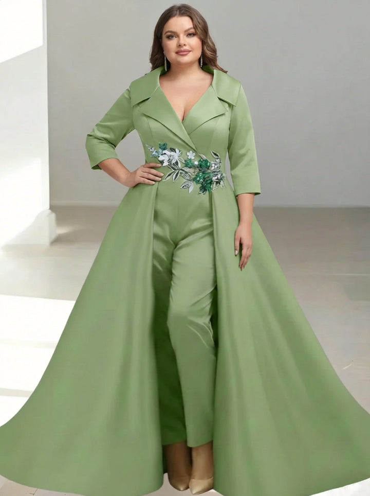 A-Line/Princess Shirt Collar Satin Plus Size Mother of the Bride Jumpsuit Overskirt Sequins Pocket Half Sleeves Floor-Length