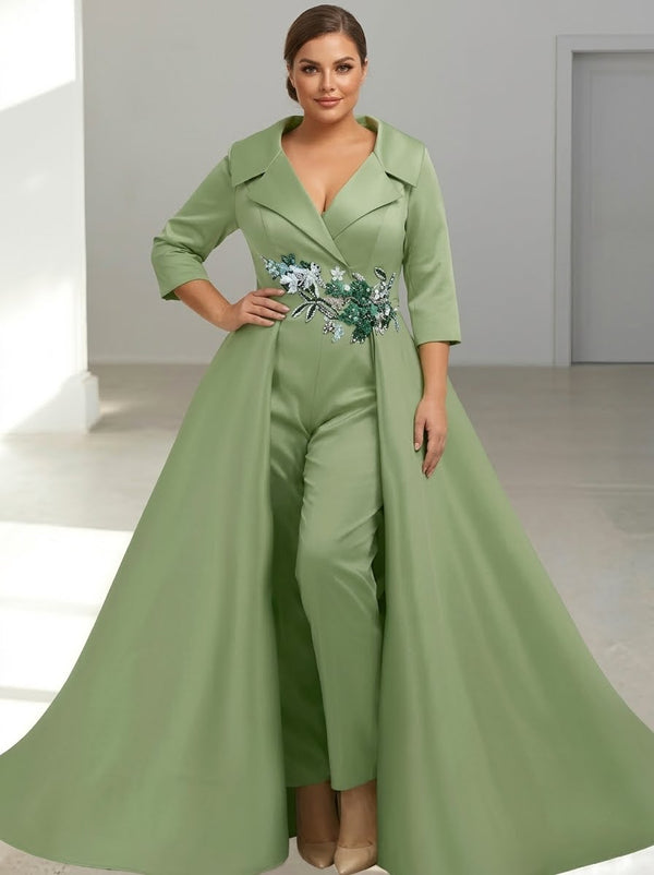A-Line/Princess Shirt Collar Satin Plus Size Mother of the Bride Jumpsuit Overskirt Floral Sequins Pocket Half Sleeves Floor-Length