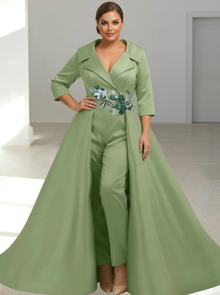A-Line/Princess Shirt Collar Satin Plus Size Mother of the Bride Jumpsuit Overskirt Floral Sequins Pocket Half Sleeves Floor-Length