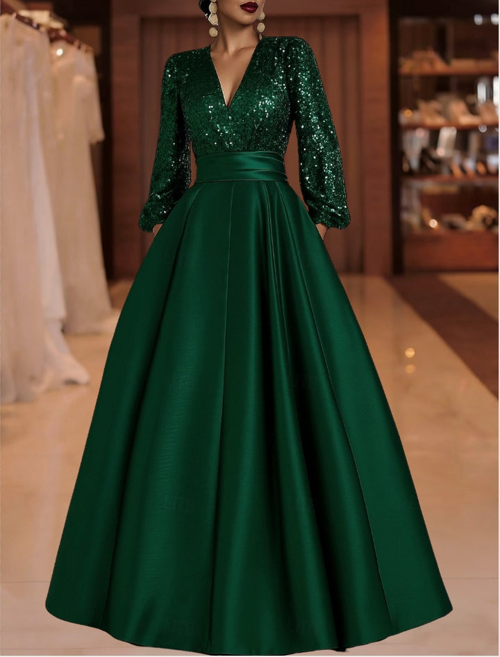 A-Line/Princess V-Neck Satin Mother of the Bride Dresses Sequins Pocket Long Sleeves Floor-Length