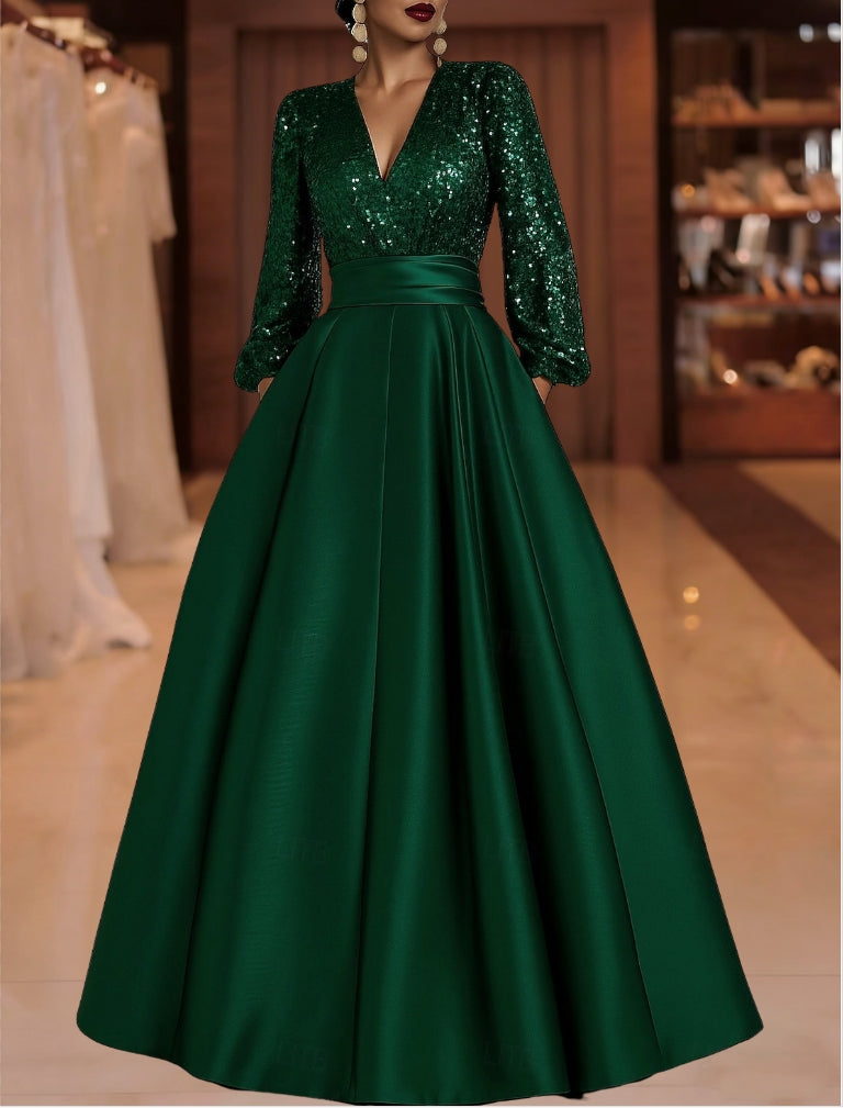 long formal dress with pockets A-Line/Princess V-Neck Satin Mother of the Bride Dresses Sequins Pocket Sleeves Floor-Length Burgundy size:1X Black Prom Dresses Long promo_bridesmaid_gifts Eva Fashion Style