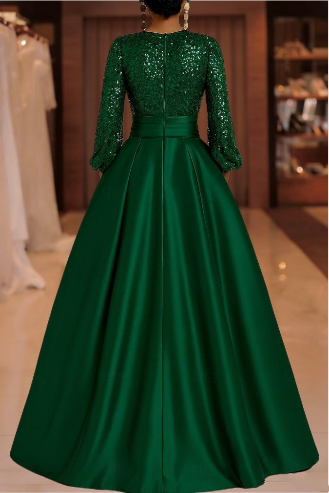 A-Line/Princess V-Neck Satin Mother of the Bride Dresses Sequins Pocket Long Sleeves Floor-Length